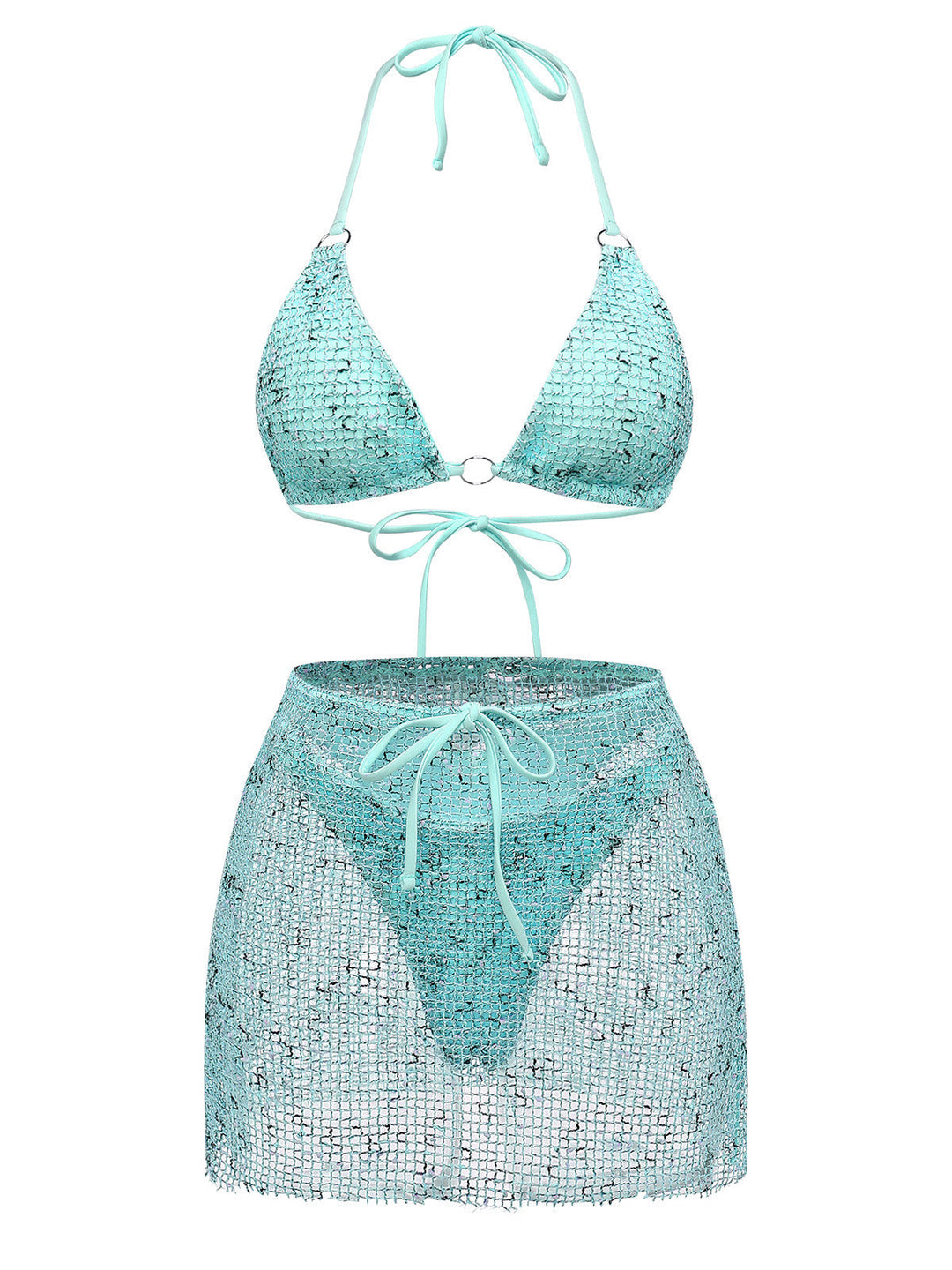 3PCS Y2K Crochet Sequin Halter Tie Triangle Bikini Set &amp; Cover-Up - vintage swimsuit, swimwear for vintage lovers
