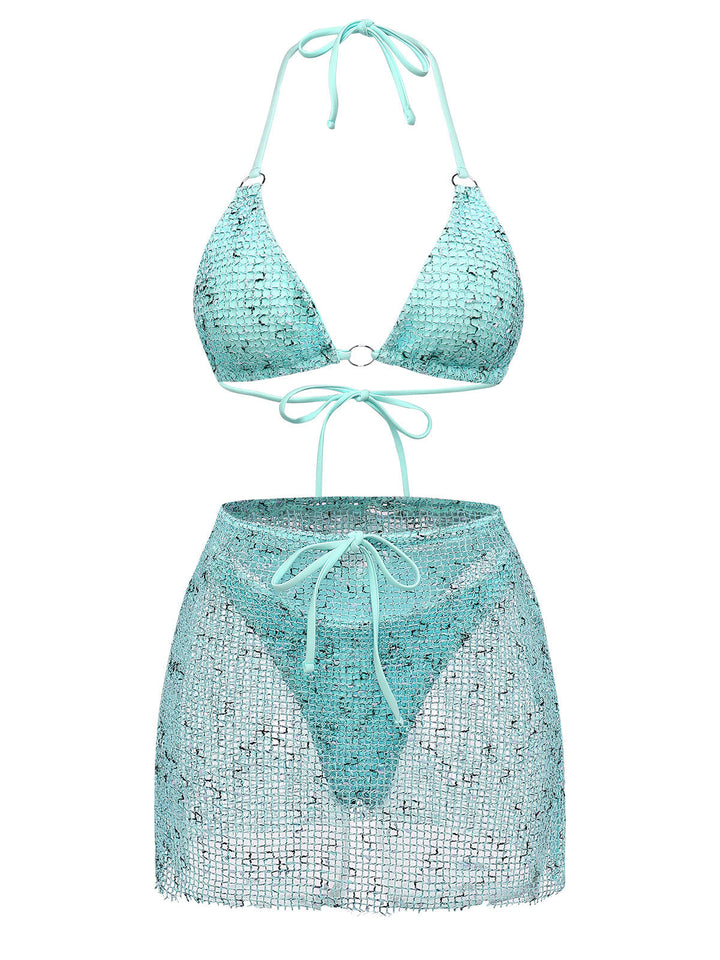 3PCS Y2K Crochet Sequin Halter Tie Triangle Bikini Set &amp; Cover-Up - vintage swimsuit, swimwear for vintage lovers
