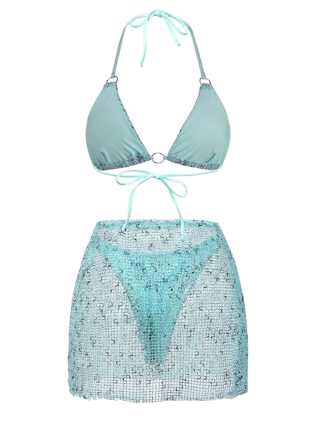 3PCS Y2K Crochet Sequin Halter Tie Triangle Bikini Set &amp; Cover-Up - vintage swimsuit, swimwear for vintage lovers