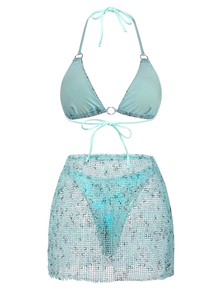 3PCS Y2K Crochet Sequin Halter Tie Triangle Bikini Set &amp; Cover-Up - vintage swimsuit, swimwear for vintage lovers