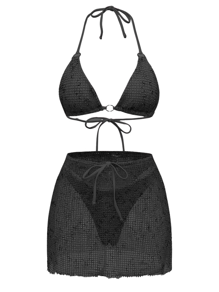 3PCS Y2K Crochet Sequin Halter Tie Triangle Bikini Set &amp; Cover-Up, vintage swimsuit, swimwear, retro beach style, women, elegant