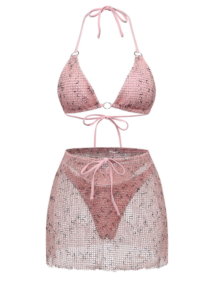 3PCS Y2K Crochet Sequin Halter Tie Triangle Bikini Set &amp; Cover-Up, vintage swimsuit, swimwear, retro beach style, women, elegant