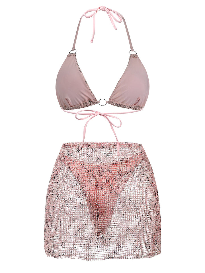 3PCS Y2K Crochet Sequin Halter Tie Triangle Bikini Set &amp; Cover-Up, vintage swimsuit, swimwear, retro beach style, women, elegant