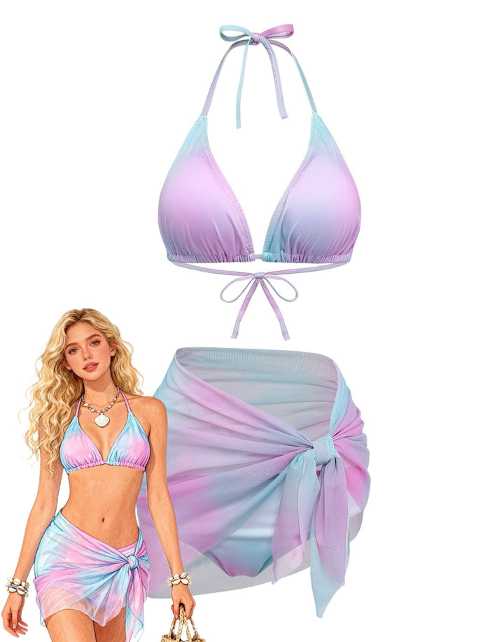3PCS Y2K Halter Ombre Bikini Set &amp; Cover-Up - vintage swimwear, retro swimsuit, pin-up style for vintage lovers