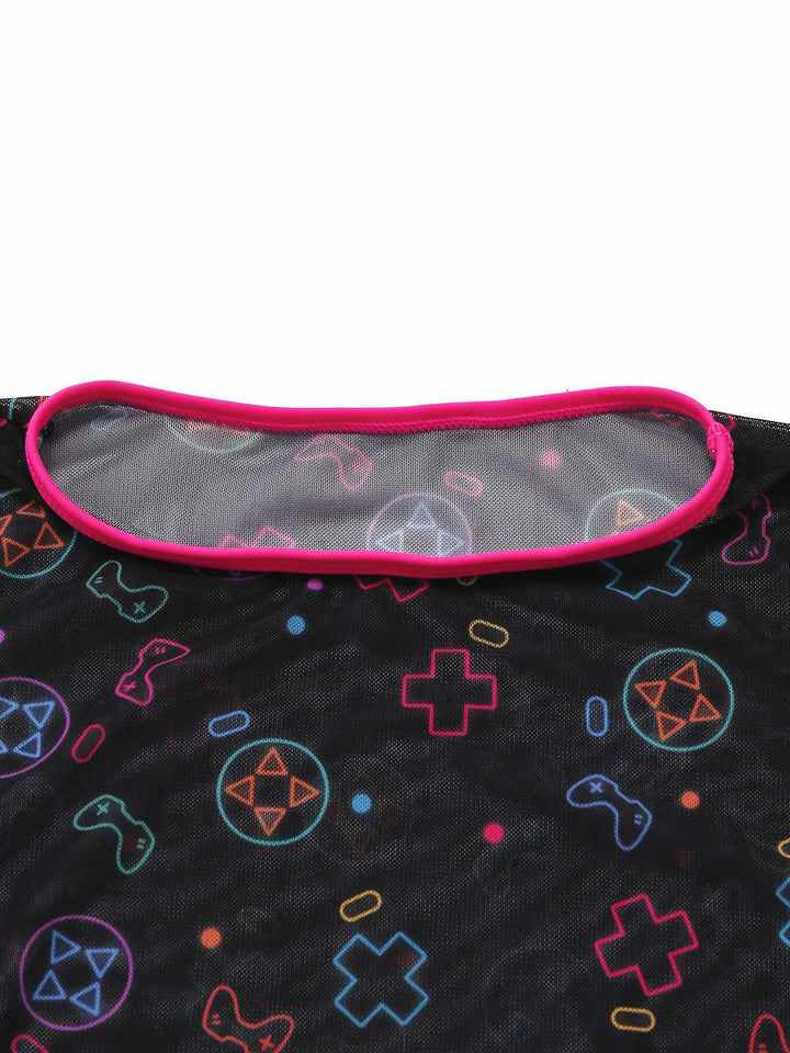 3PCS Y2K Solid Bikini Set &amp; Neon Gaming Print Mesh Cover-Up - vintage fashion, retro style