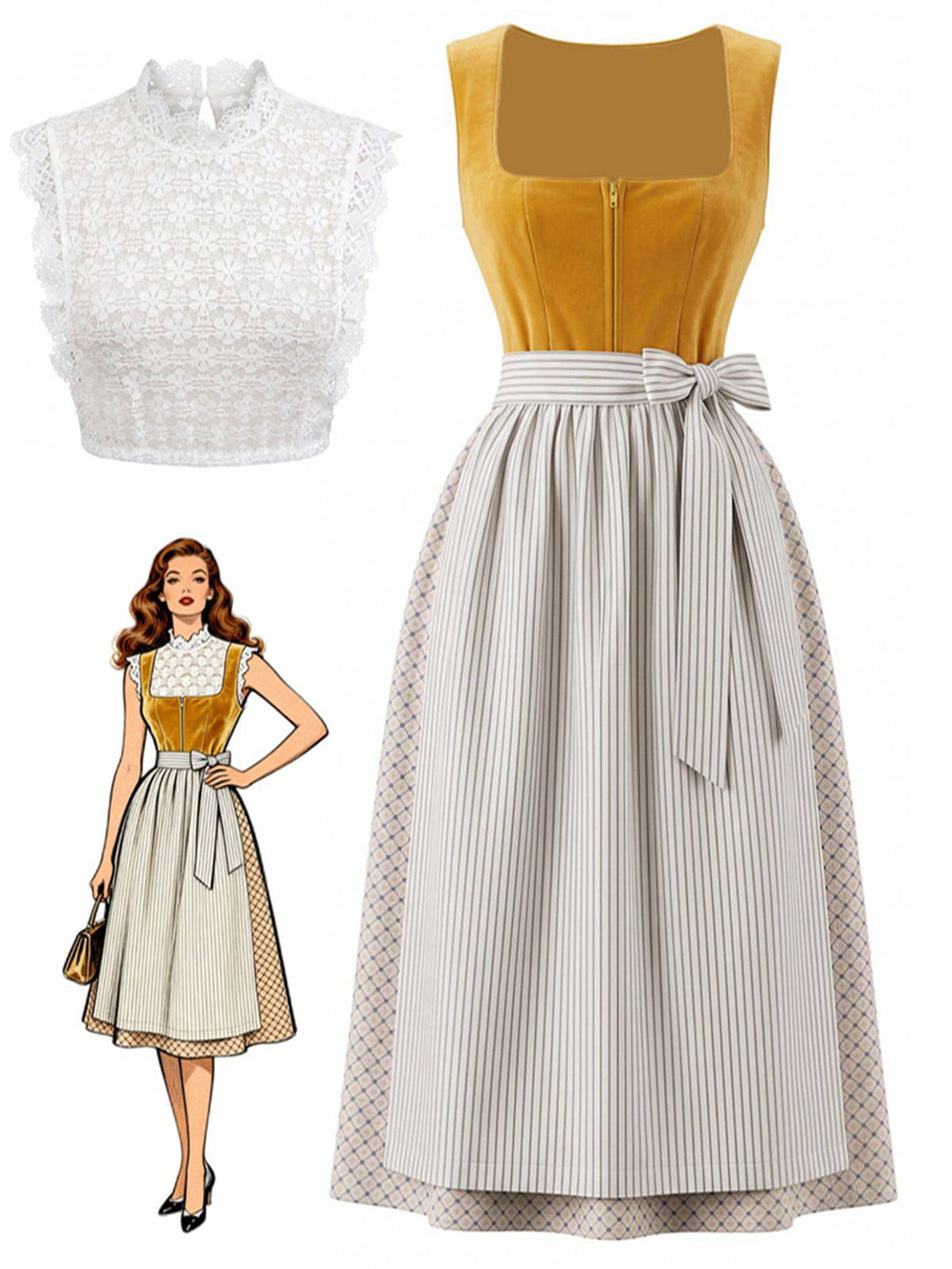 3PCS Yellow 1950s Square Neck Dress &amp; Striped Apron &amp; Lace Top, vintage dress, retro fashion, rockabilly, pin-up fashion - perfect for women who love vintage and retro fashion