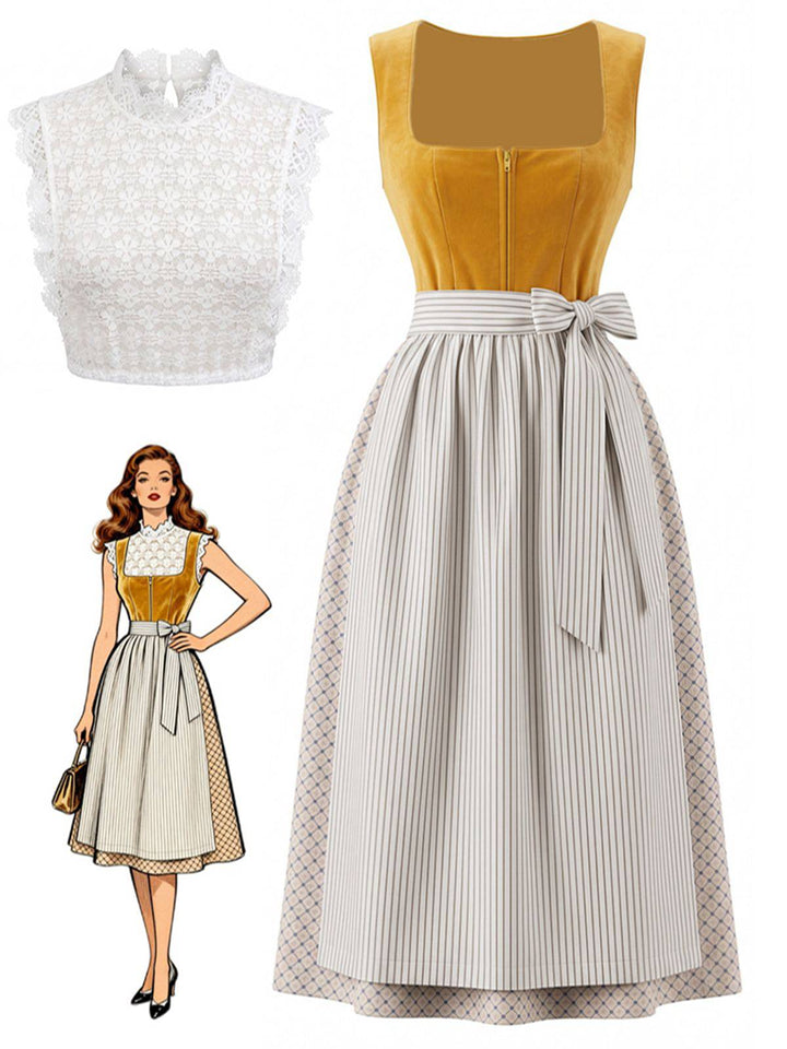 3PCS Yellow 1950s Square Neck Dress &amp; Striped Apron &amp; Lace Top, vintage dress, retro fashion, rockabilly, pin-up fashion - perfect for women who love vintage and retro fashion