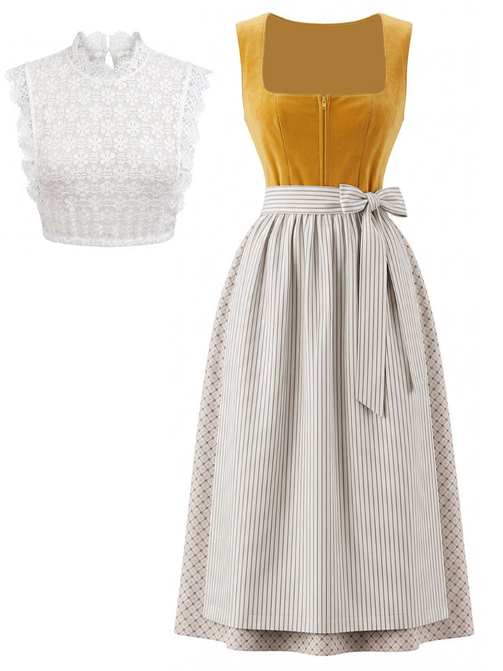 3PCS Yellow 1950s Square Neck Dress &amp; Striped Apron &amp; Lace Top, vintage dress, retro fashion, rockabilly, pin-up fashion - perfect for women who love vintage and retro fashion