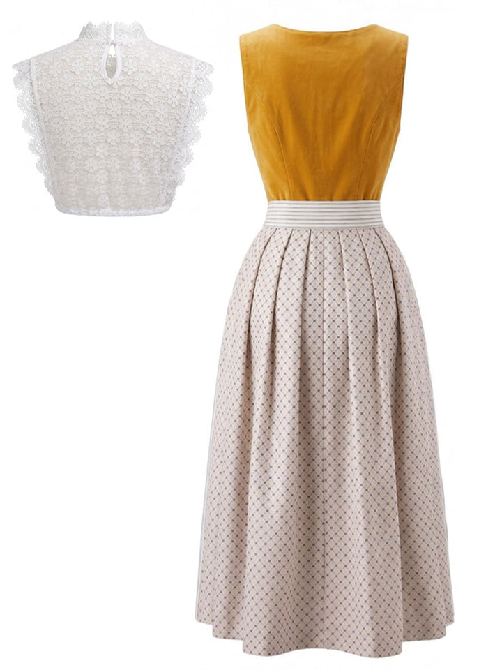 3PCS Yellow 1950s Square Neck Dress &amp; Striped Apron &amp; Lace Top, vintage dress, retro fashion, rockabilly, pin-up fashion - perfect for women who love vintage and retro fashion