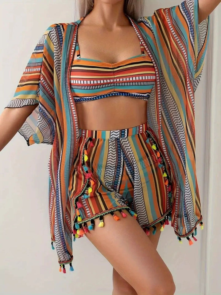 4PCS 1970s Boho Striped Bikini &amp; Fringe Cover-Up Set - vintage fashion, retro style