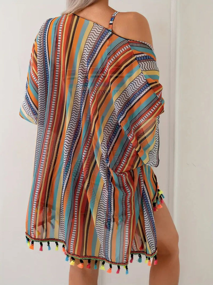 4PCS 1970s Boho Striped Bikini &amp; Fringe Cover-Up Set - vintage fashion, retro style