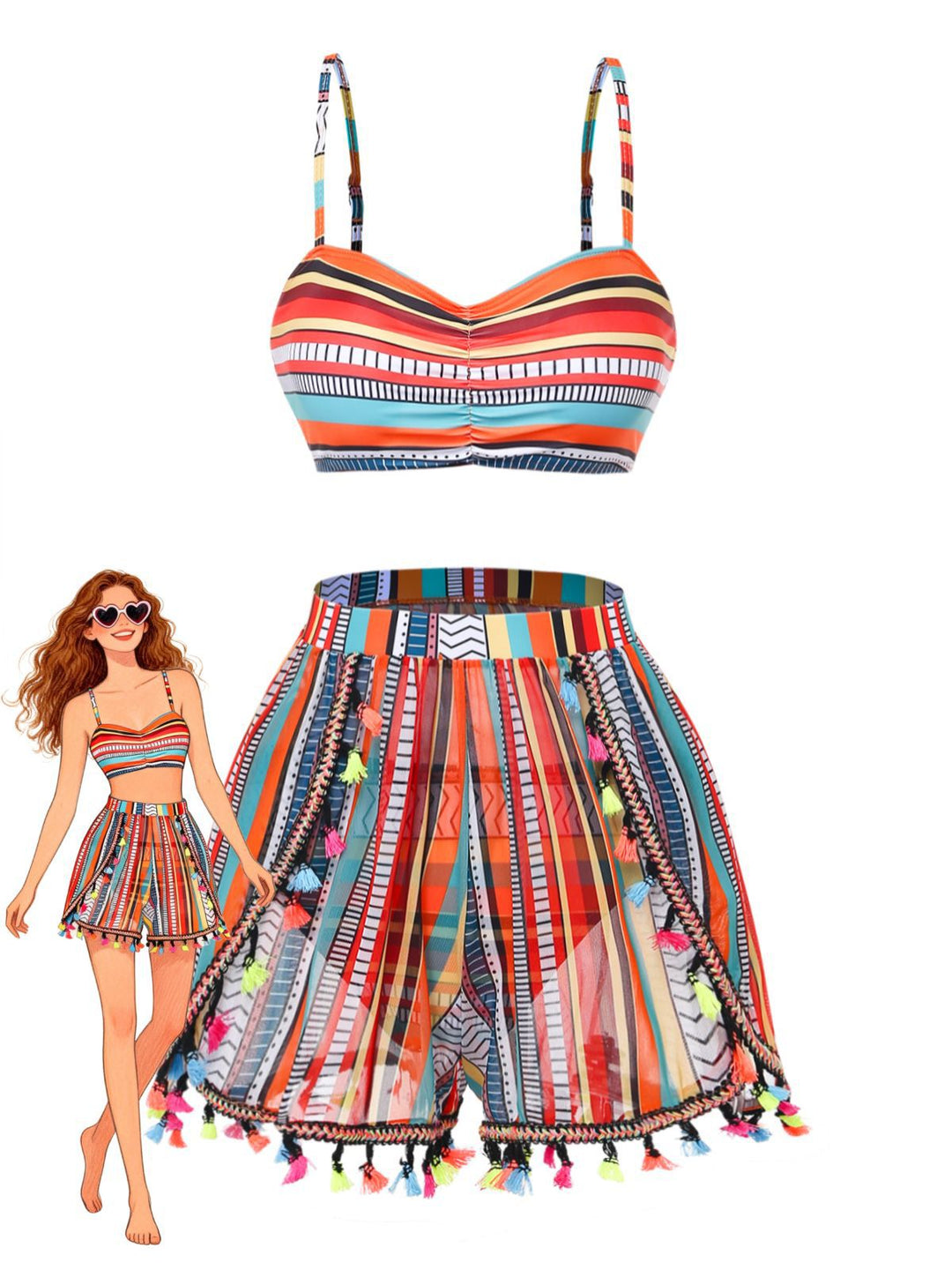 4PCS 1970s Boho Striped Bikini &amp; Fringe Cover-Up Set - vintage fashion, retro style