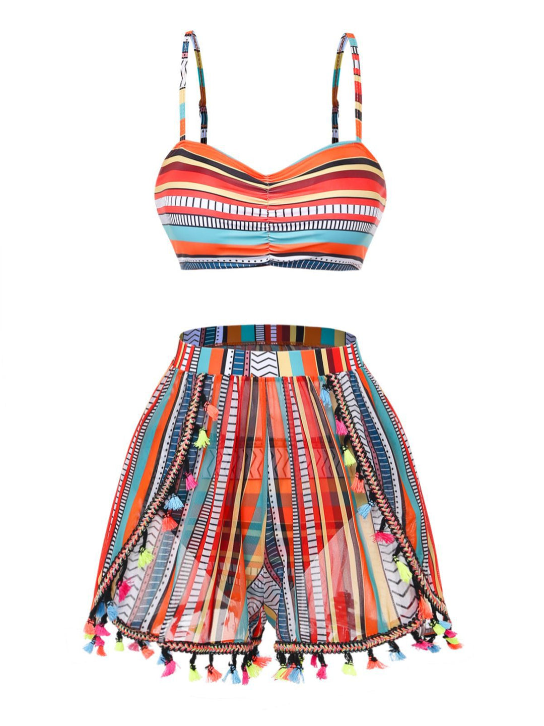 4PCS 1970s Boho Striped Bikini &amp; Fringe Cover-Up Set - vintage fashion, retro style