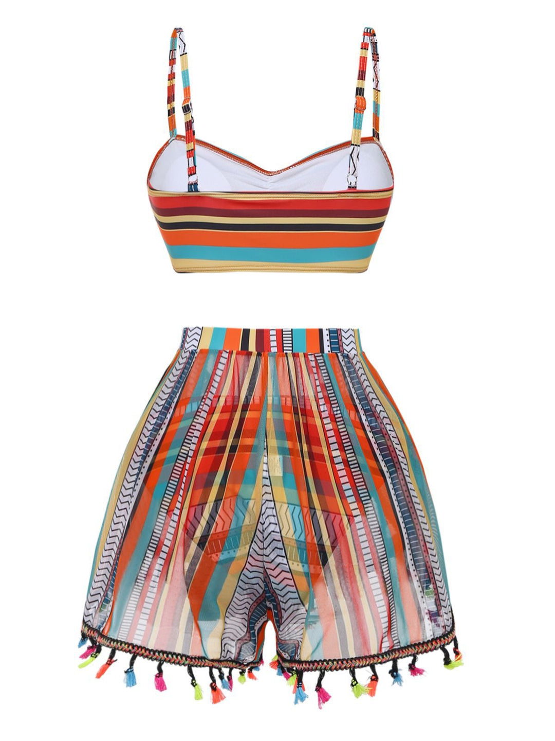 4PCS 1970s Boho Striped Bikini &amp; Fringe Cover-Up Set - vintage fashion, retro style