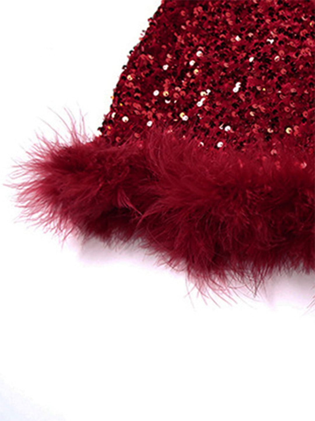 Wine Red Strapless Sequin Feather Trim Mini Dress