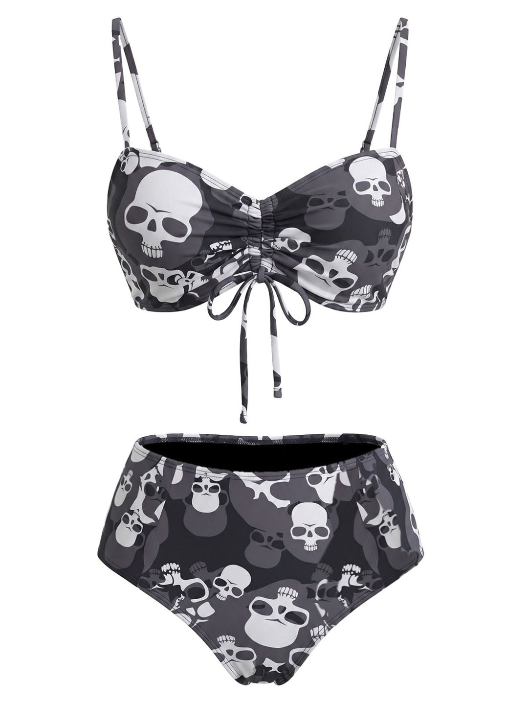 Black Gothic Skull Printed Drawstring Bikini Set
