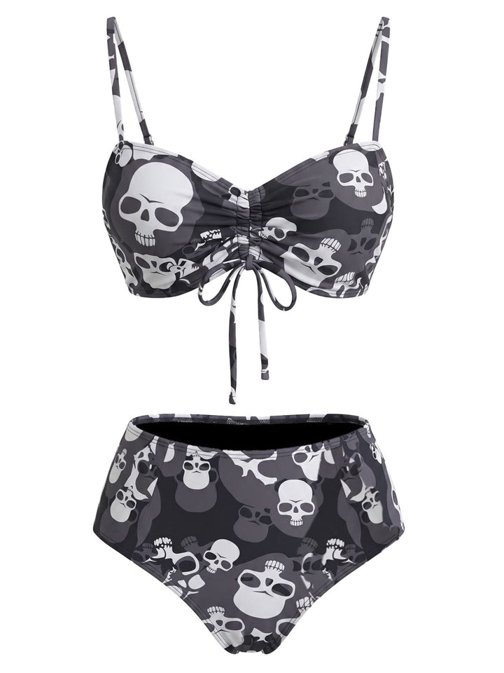 Black Gothic Skull Printed Drawstring Bikini Set