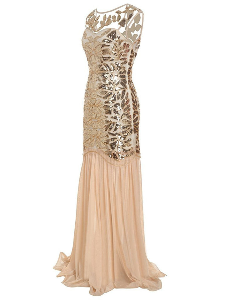 Apricot 1920s Sequin Maxi Flapper Dress, classic 1920s style elegant retro fashion - Image 3