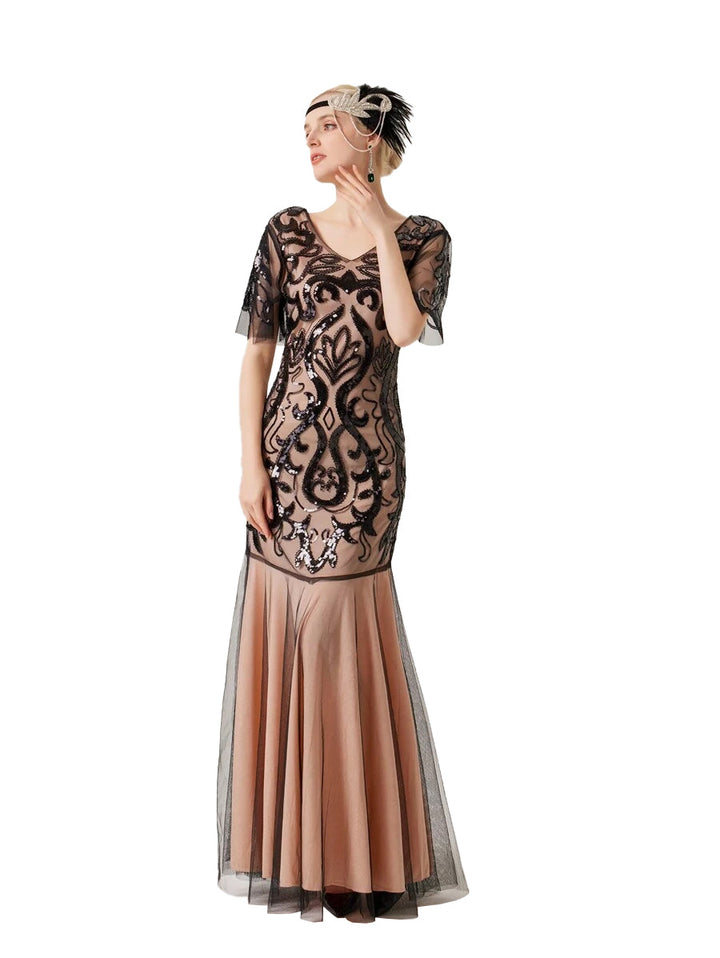 She slips into this Apricot 1920s V-Neck Sequined Mesh Evening Dress and suddenly it&