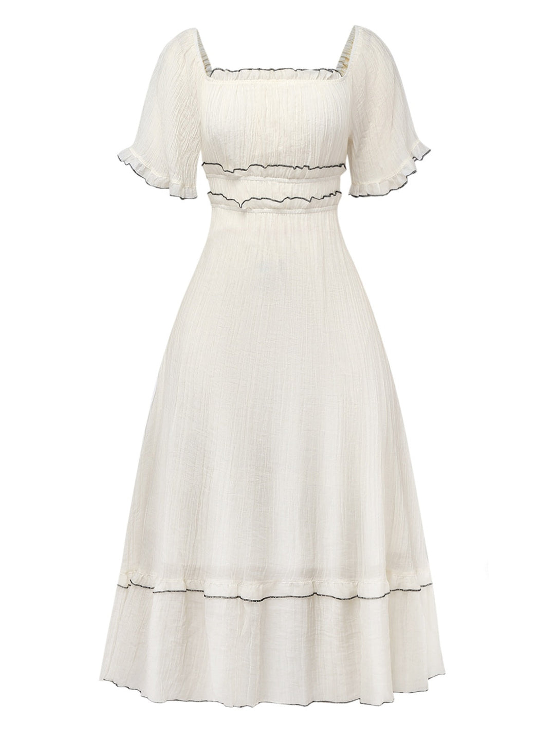 Apricot 1930s Square Neck Textured Binding Dress - vintage dress, retro fashion, elegant red