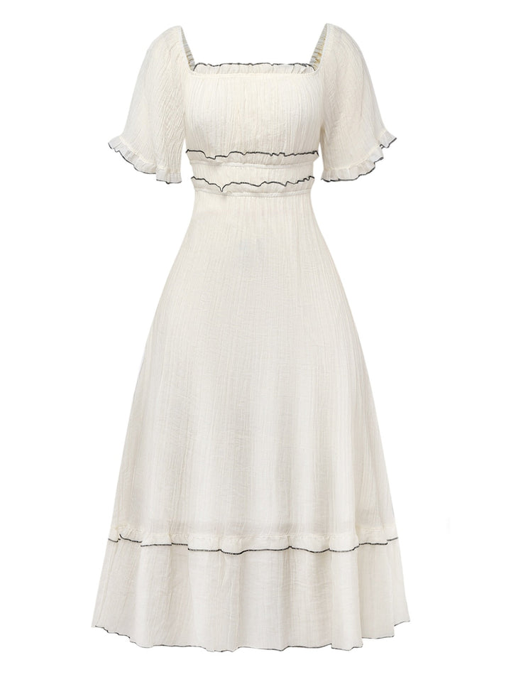 Apricot 1930s Square Neck Textured Binding Dress - vintage dress, retro fashion, elegant red