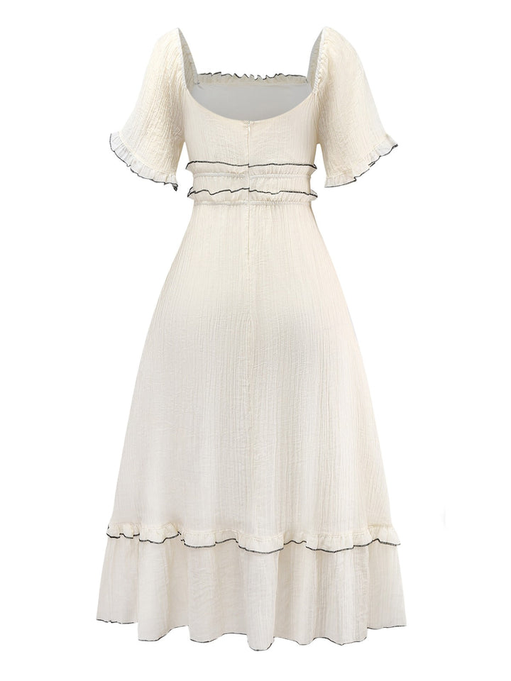 Apricot 1930s Square Neck Textured Binding Dress - vintage dress, retro fashion, elegant red