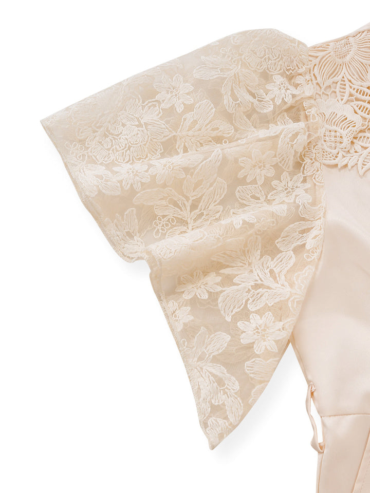 Apricot 1950s Floral Lace Satin Bow Belt Jumpsuit - vintage jumpsuit, retro fashion