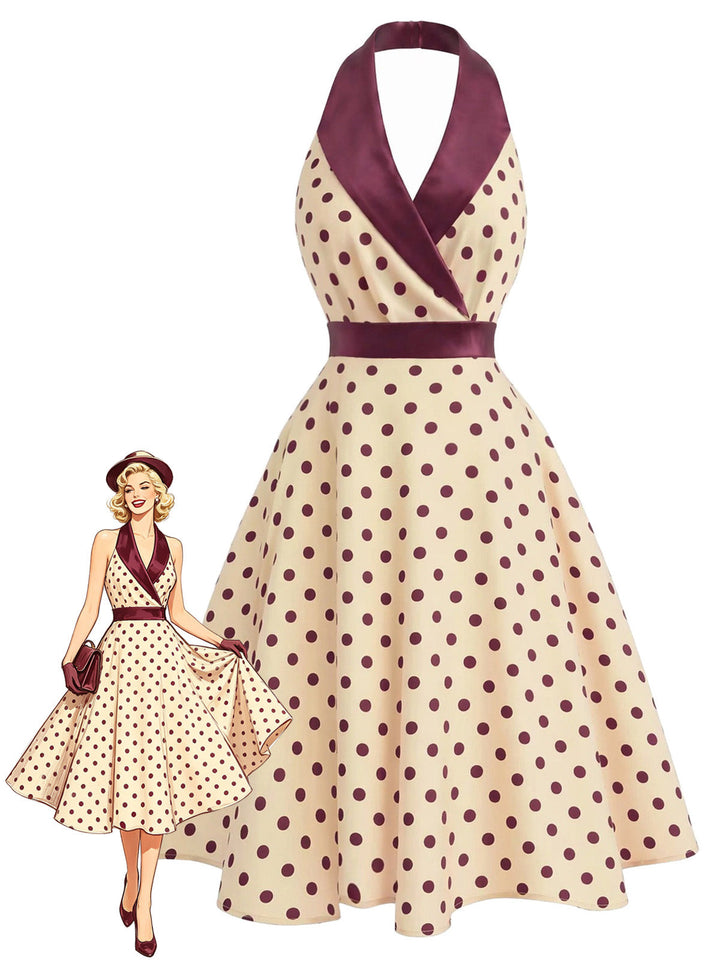 [Pre-Sale] Apricot 1950s Polka Dot Satin Shawl Collar Halter Dress, vintage dress, retro fashion, rockabilly, pin-up fashion - perfect for women who love vintage and retro fashion