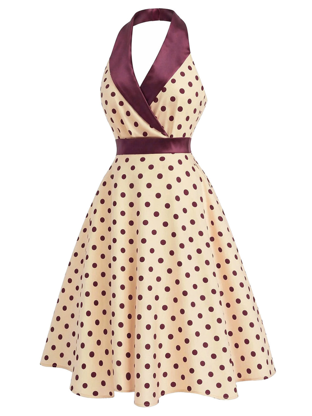 [Pre-Sale] Apricot 1950s Polka Dot Satin Shawl Collar Halter Dress, vintage dress, retro fashion, rockabilly, pin-up fashion - perfect for women who love vintage and retro fashion