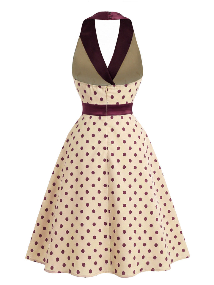 [Pre-Sale] Apricot 1950s Polka Dot Satin Shawl Collar Halter Dress, vintage dress, retro fashion, rockabilly, pin-up fashion - perfect for women who love vintage and retro fashion