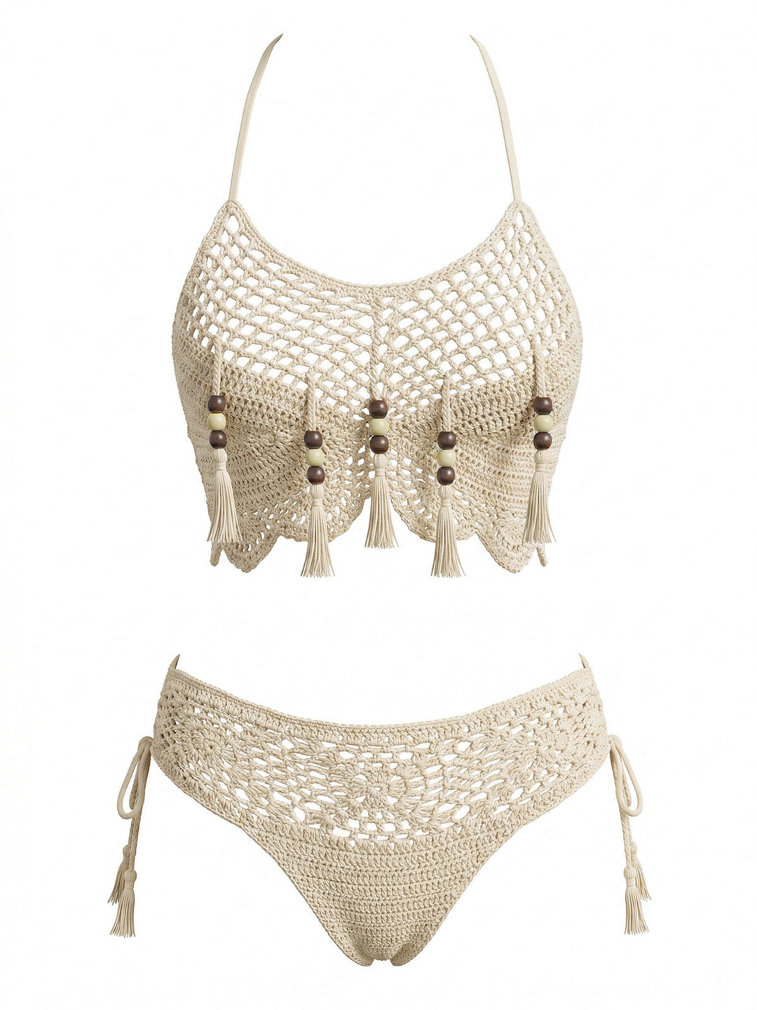 Apricot--Crochet-Beaded-Tassel-Bikini-Set, vintage, retro, swimwear
