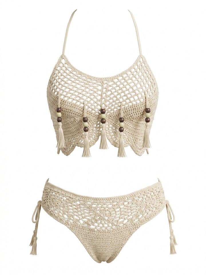 Apricot--Crochet-Beaded-Tassel-Bikini-Set, vintage, retro, swimwear