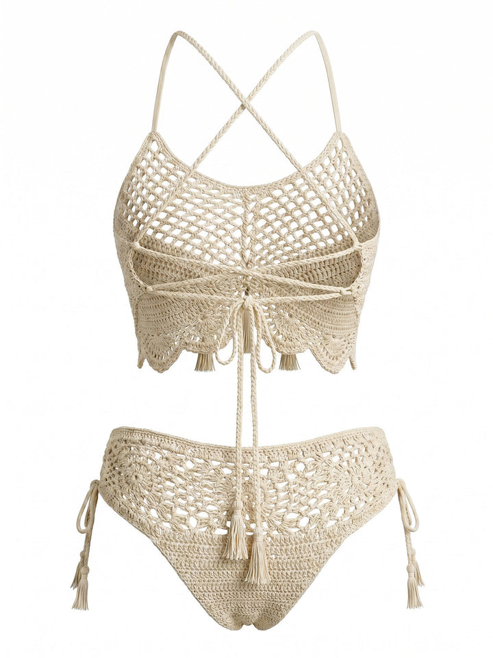 Apricot--Crochet-Beaded-Tassel-Bikini-Set, vintage, retro, swimwear