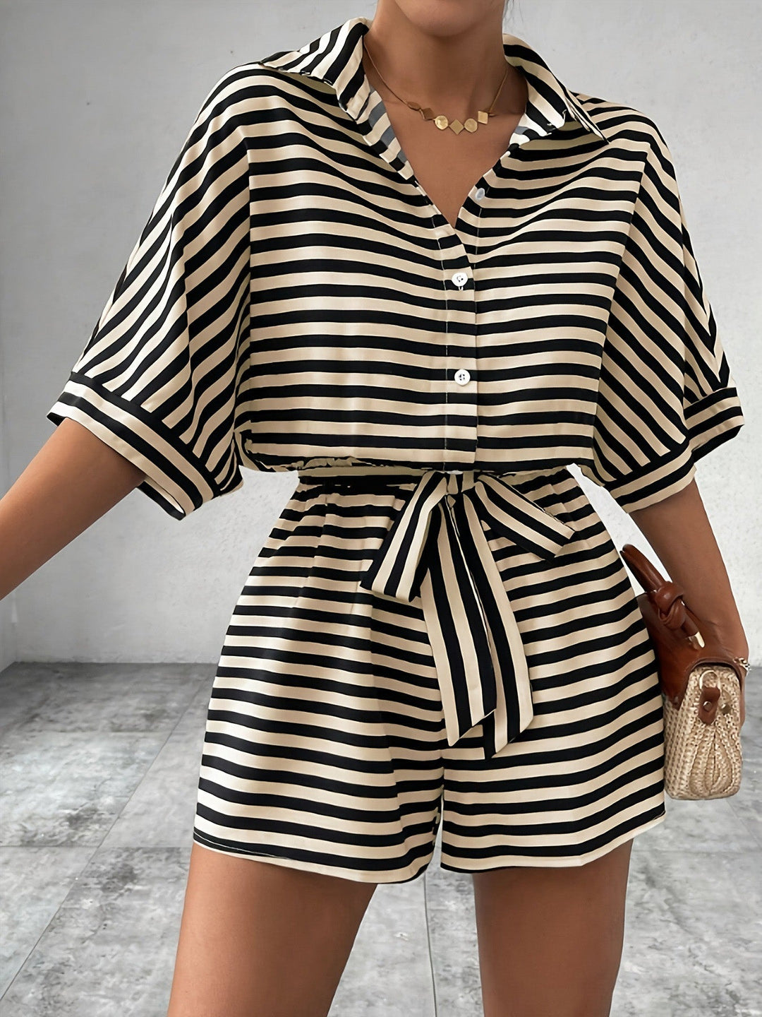 Apricot &amp; Black 1980s Striped One Piece Romper 6