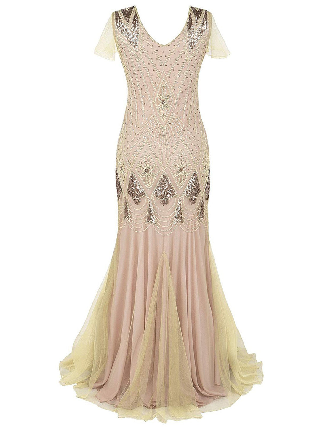 Apricot Sequin Gatsby Maxi Dresses, classic vintage style elegant retro fashion - Image 1