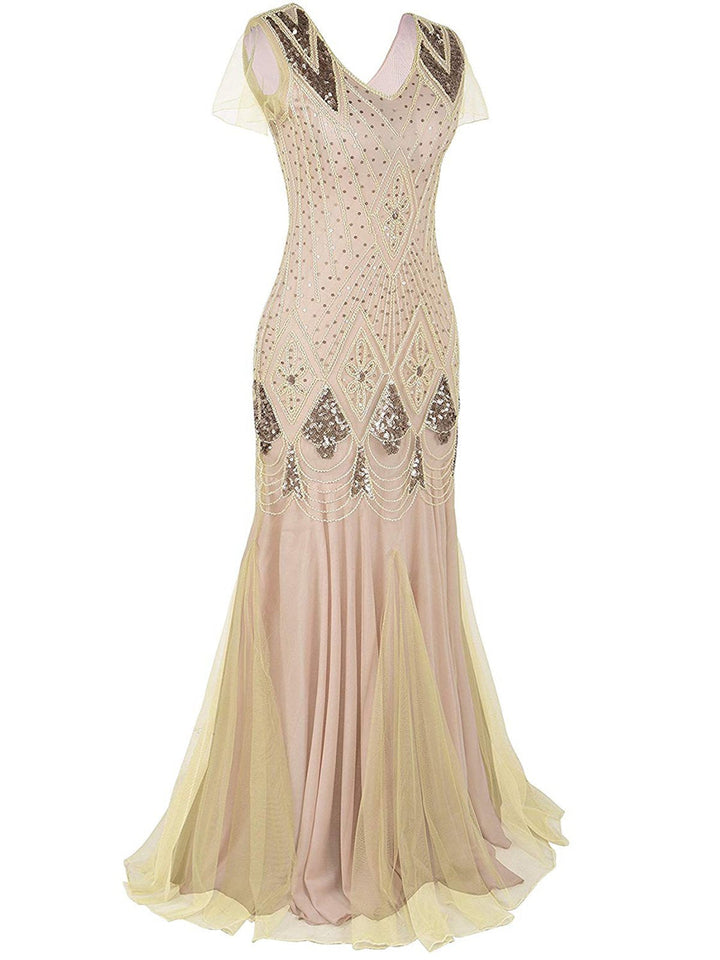 Apricot Sequin Gatsby Maxi Dresses, classic vintage style elegant retro fashion - Image 2