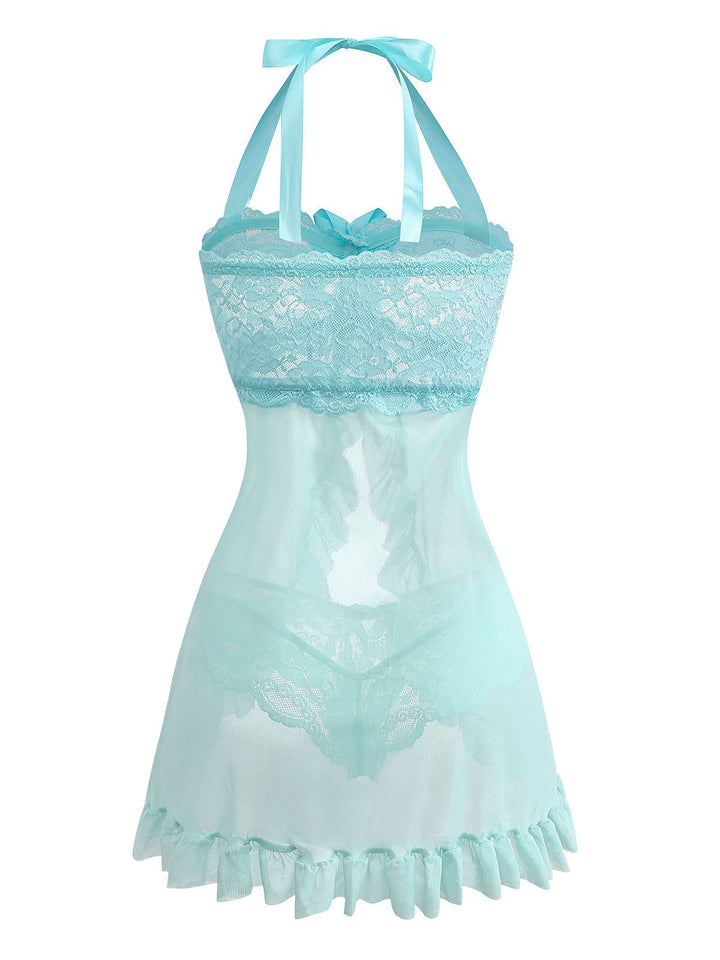 Aqua Blue Lace Bow Lingerie Set, classic vintage style elegant retro fashion - Image 3