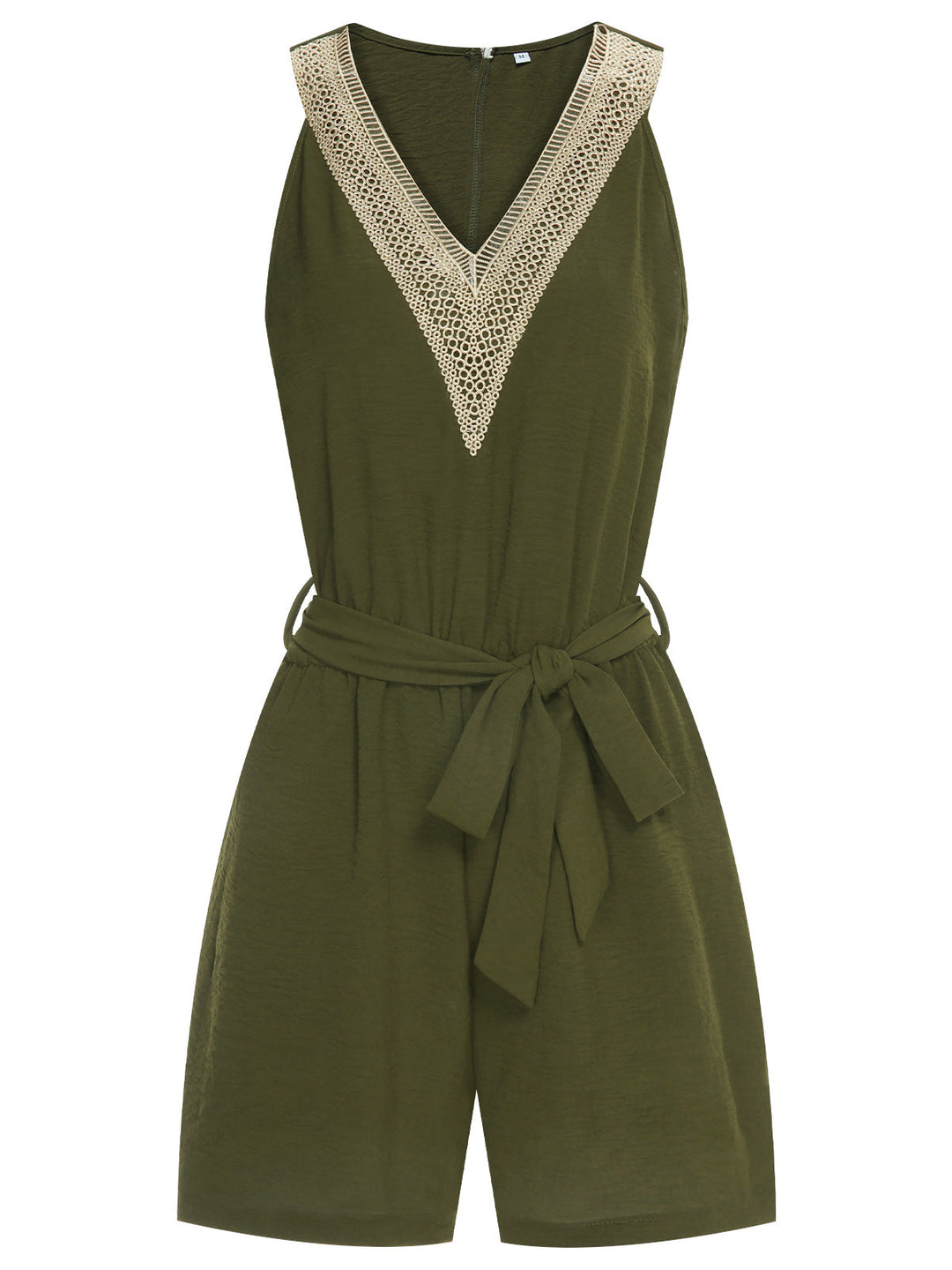 She finds her 1950s story in this Army Green 1950s Lace V-Neck Patchwork Romper