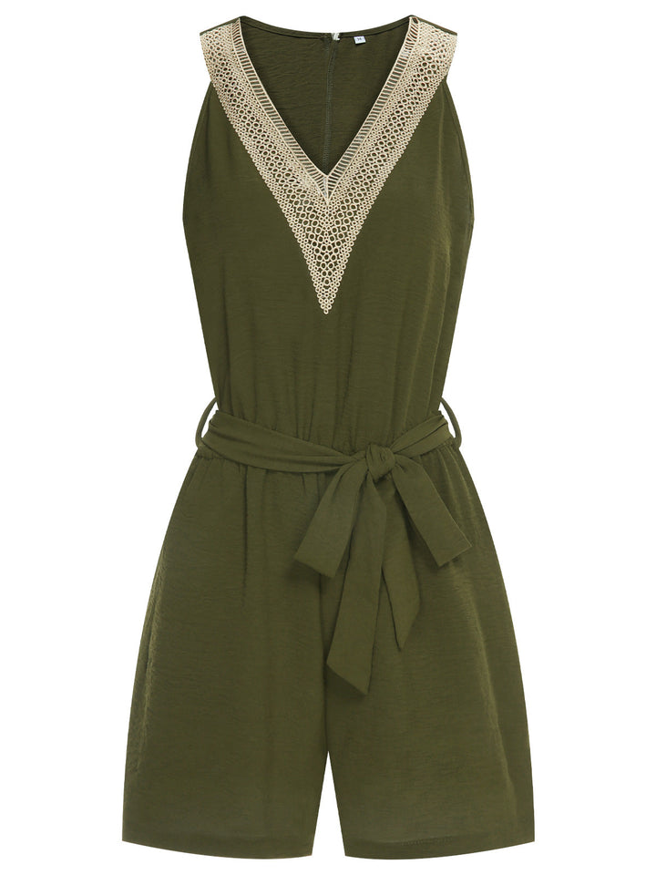 She finds her 1950s story in this Army Green 1950s Lace V-Neck Patchwork Romper