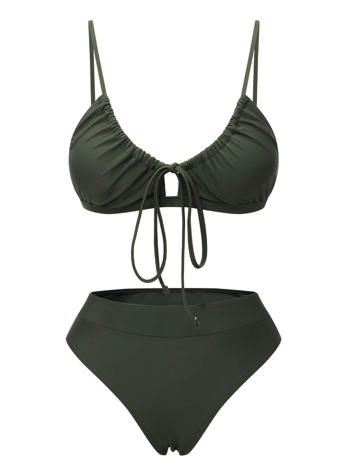Army Green 1950s Solid Drawstring Halter Bikini, vintage swimsuit, pin-up swimwear - perfect for women who love vintage and retro fashion