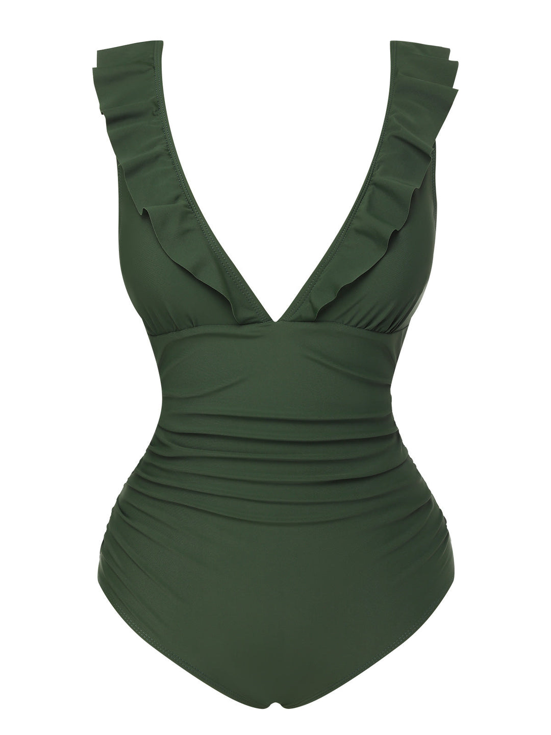Army Green 1950s Solid Ruffles V-Neck Swimsuit, vintage swimsuit, pin-up swimwear - perfect for women who love vintage and retro fashion