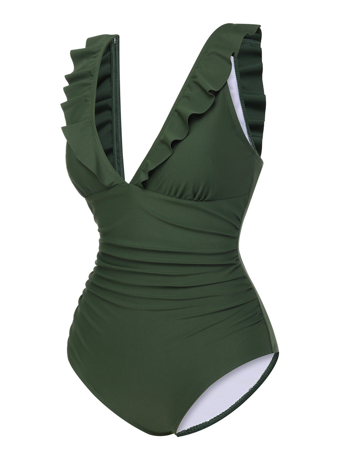 Army Green 1950s Solid Ruffles V-Neck Swimsuit, vintage swimsuit, pin-up swimwear - perfect for women who love vintage and retro fashion