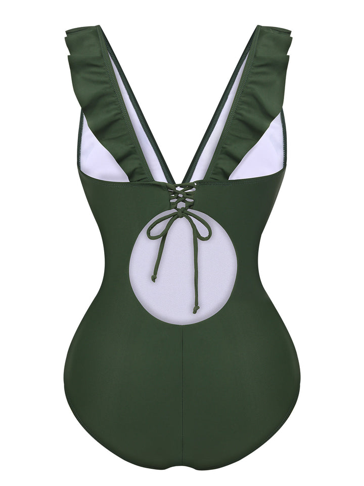 Army Green 1950s Solid Ruffles V-Neck Swimsuit, vintage swimsuit, pin-up swimwear - perfect for women who love vintage and retro fashion