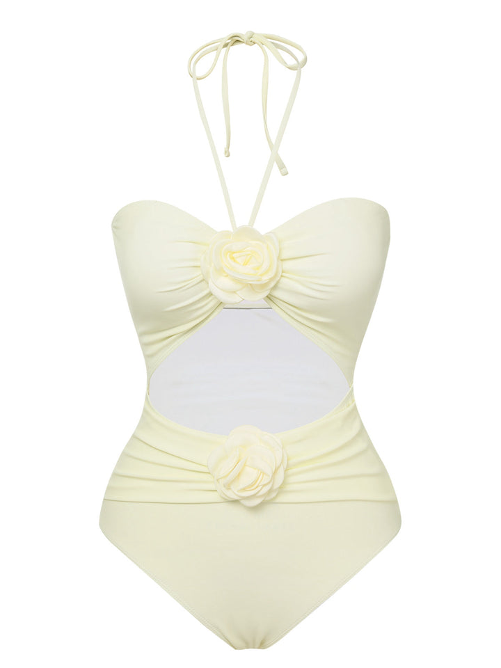 Beige 1930s 3D Flowers Halter One-Piece Swimsuit, vintage swimsuit, pin-up swimwear - perfect for women who love vintage and retro fashion