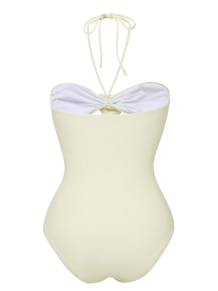 Beige 1930s 3D Flowers Halter One-Piece Swimsuit, vintage swimsuit, pin-up swimwear - perfect for women who love vintage and retro fashion