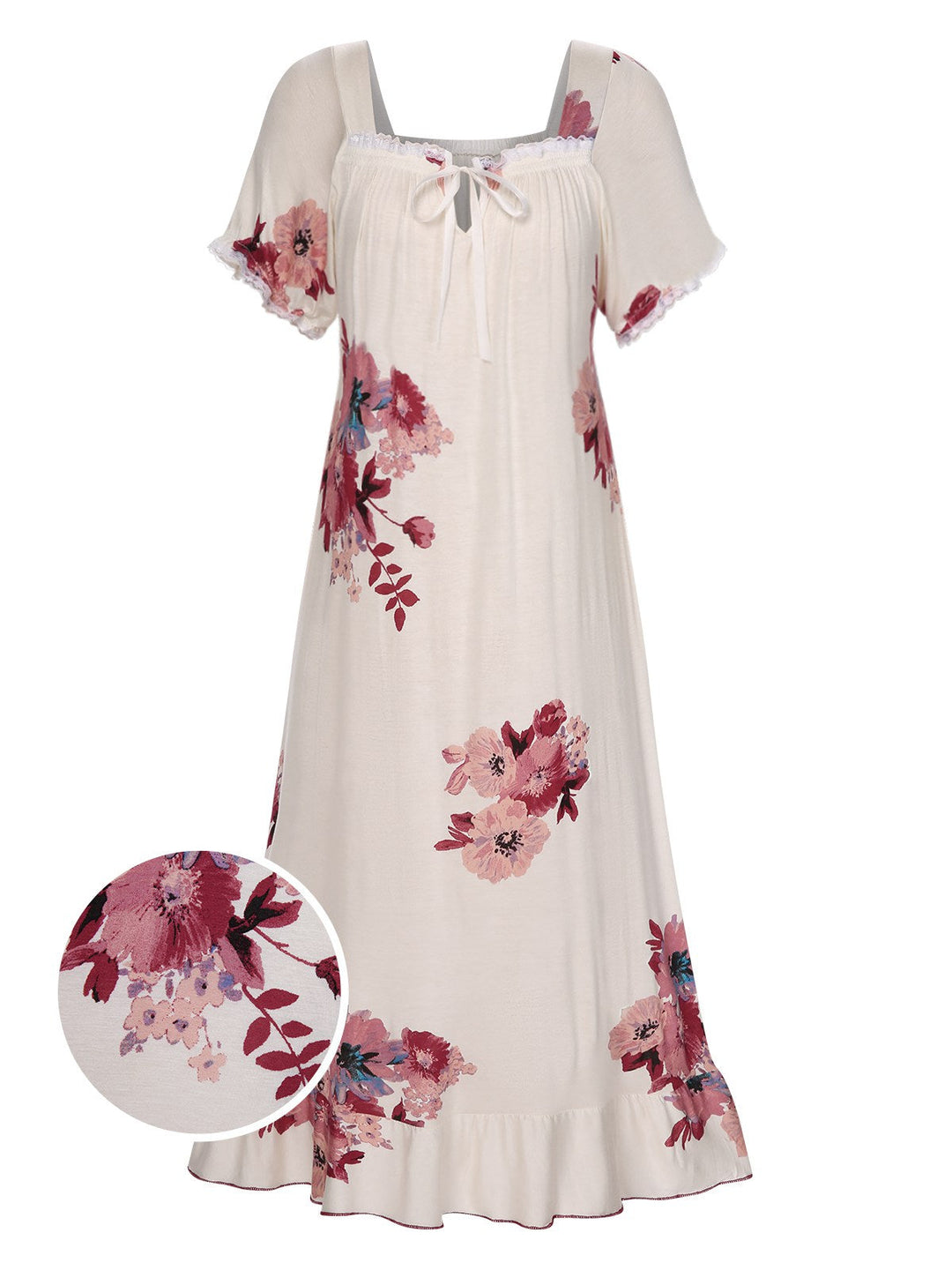 Beige Floral Square Collar Ruffles Puff Nightgowns, vintage fashion, retro style - perfect for women who love vintage and retro fashion