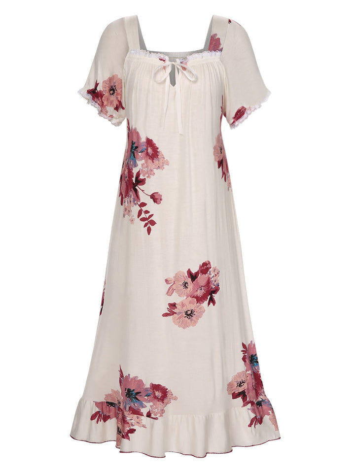 Beige 1930s Floral Square Collar Ruffles Puff Nightgowns, vintage fashion, retro style - perfect for women who love vintage and retro fashion