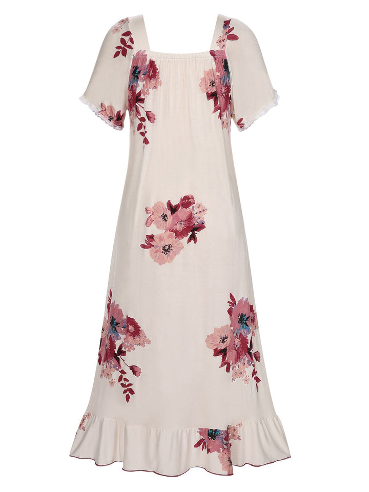 Beige Floral Square Collar Ruffles Puff Nightgowns, vintage fashion, retro style - perfect for women who love vintage and retro fashion