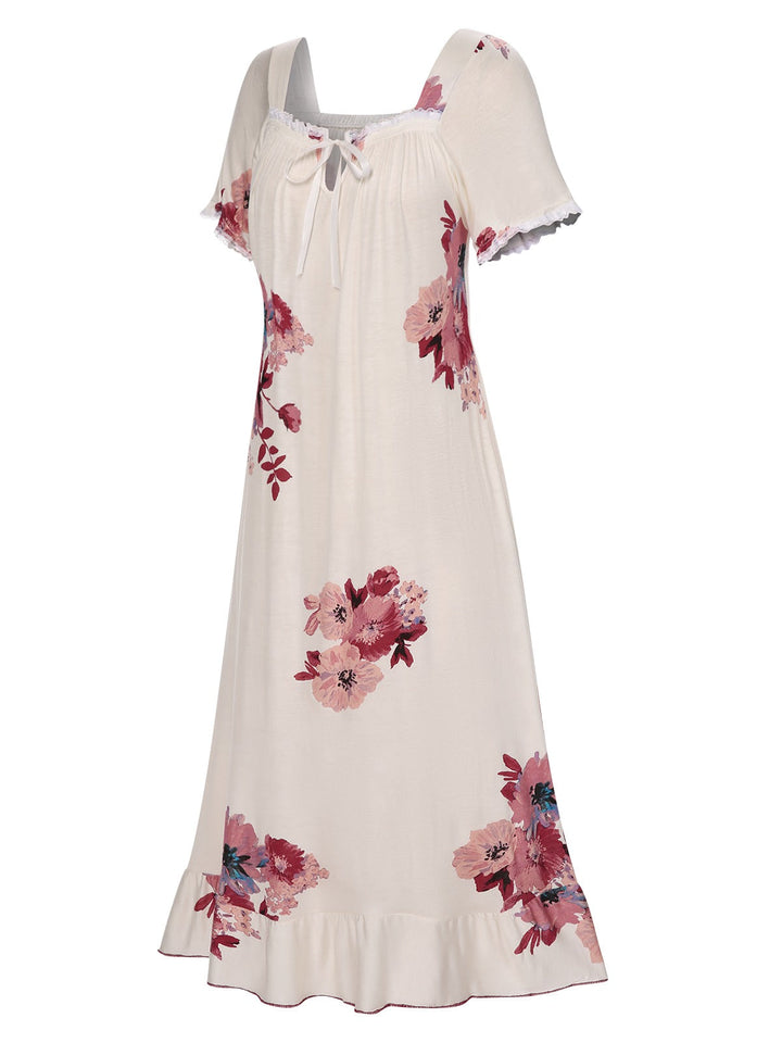 Beige Floral Square Collar Ruffles Puff Nightgowns, vintage fashion, retro style - perfect for women who love vintage and retro fashion
