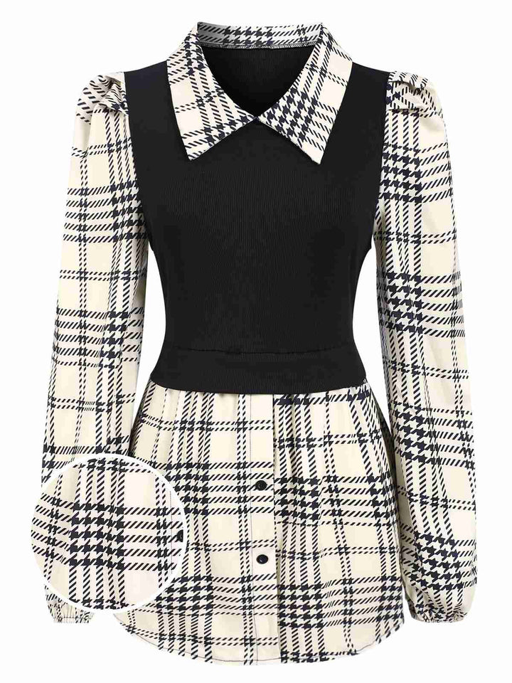 Beige 1930s Plaid Patchwork Puff Sleeve Lapel Shirt, vintage fashion, style - perfect for women who love vintage and fashion